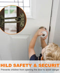 Swing Bar Door Lock Latch With A Three Seven Eighths Inch Bar Length For Front Doors Keeps Door Slightly Ajar For Visibility And Ventilation Child Safety Guard Reinforcement Lock Hardware For Extra Security And Easy Install shown installed on a door with child safety feature.