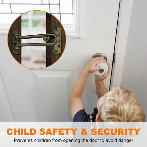 Swing Bar Door Lock Latch With A Three Seven Eighths Inch Bar Length For Front Doors Keeps Door Slightly Ajar For Visibility And Ventilation Child Safety Guard Reinforcement Lock Hardware For Extra Security And Easy Install shown installed on a door with child safety feature.