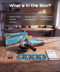 Professional Grade 4 1 2 Inch Corded Angle Grinder Rock Solid Build With 1200 Watt Pure Copper Motor And 13000 RPM Speed To Crush Every Cutting And Grinding Task unboxed with tools and accessories.