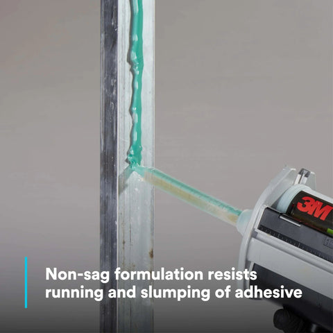 Applying green composite urethane adhesive DP6310NS, non-sag paste, on metal surface, 48.5 mL Duo-Pak, for flexible structural joints.