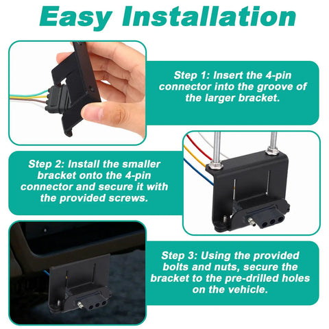 Vehicle Side Wire Harness Mounting Bracket Kit For 4 Pin Trailer Plug And 4-Way Flat Connector installation steps.
