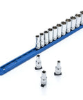 Fourteen Piece Three Eighths Inch Drive Six Point Mid Length Metric Socket Set arranged on blue holder with loose pieces