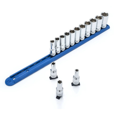 Fourteen Piece Three Eighths Inch Drive Six Point Mid Length Metric Socket Set arranged on blue holder with loose pieces