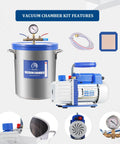 PBAUTOS 9-gallon stainless vacuum chamber kit with blue lid, gauge, hoses, and single-stage pump.