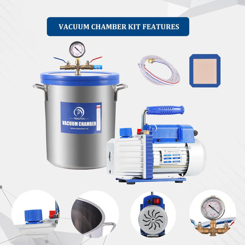 PBAUTOS 9-gallon stainless vacuum chamber kit with blue lid, gauge, hoses, and single-stage pump.