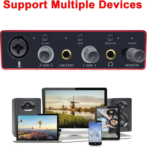 2x2 USB Audio Interface With Mic Preamplifier And 48V Phantom Power connected to multiple devices