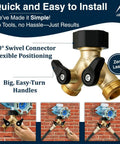 Heavy Duty 2 Way Hose Splitter Premium Brass Y Adapter With Double Shut Off Valve Rust Resistant Finish For Outdoor Faucet Spigot Bib Tap Garden Hose Connector, 360° swivel