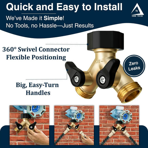 Heavy Duty 2 Way Hose Splitter Premium Brass Y Adapter With Double Shut Off Valve Rust Resistant Finish For Outdoor Faucet Spigot Bib Tap Garden Hose Connector, 360° swivel
