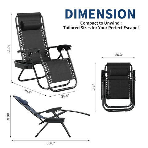 Zero Gravity Lounge Chairs Set Of 2 With Pillow And Cup Holder Tray Adjustable Folding Outdoor Camping Reclining Chairs for Deck Patio Beach Lawn Garden Black dimensions and folded view