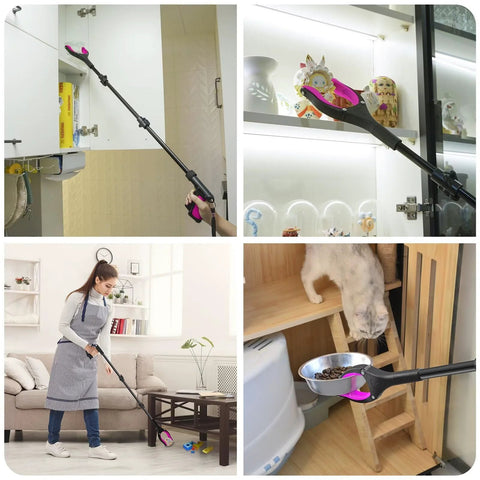 Front view of a 36-inch pink foldable reacher with rotating jaw and magnets, extended toward a cabinet.
Side view of a long pink reacher with black shaft and foldable handle.
Person using a 36-inch pink reacher in a bright living room.
Close-up of pink jaw grabbing a pet food bowl with magnets.