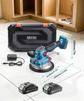 Tile Vibration Tool With 145mm Suction Cup placed on a tiled floor, with 10 speed vibration leveler, charger, and batteries displayed.
