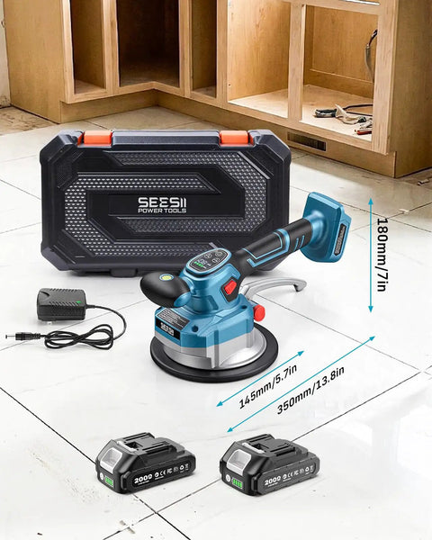 Tile Vibration Tool With 145mm Suction Cup placed on a tiled floor, with 10 speed vibration leveler, charger, and batteries displayed.