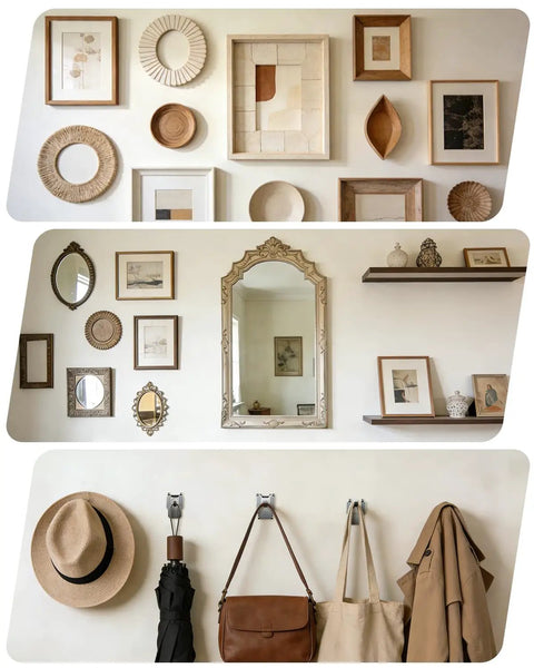 111 Piece Picture Hanging Kit With Heavy Duty Drywall Hooks No Nail Claw Wall Mounts rated 25 40 and 65 pounds displaying various frames and mirrors.