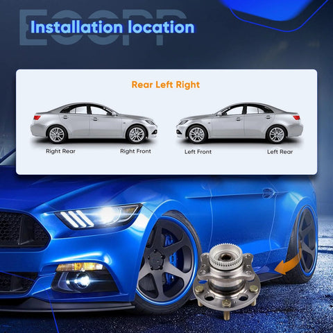 Rear Wheel Bearing And Hub Assembly For 2011 To 2016 Hyundai Elantra Elantra GT Veloster And Kia Forte Koup Five Lug ABS Compatible OE 512492 Replacement Durable OEM Quality Hub For A Smooth Ride shown with car installation locations