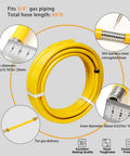 Coiled 68ft 3/4 Inch CSST Gas Line Flexible Stainless Steel Tubing Pipe with measurements and fittings details.