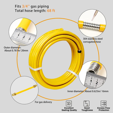 Coiled 68ft 3/4 Inch CSST Gas Line Flexible Stainless Steel Tubing Pipe with measurements and fittings details.