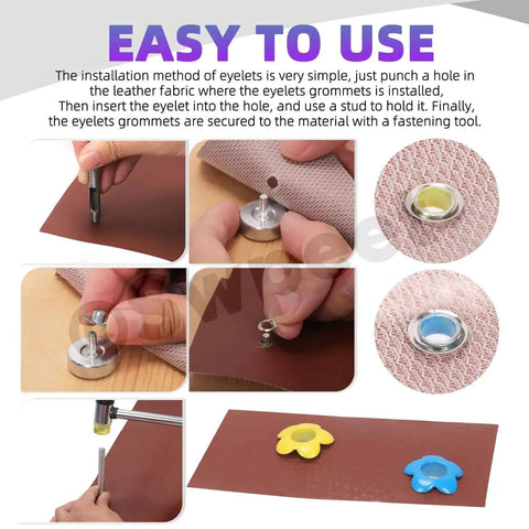 Installation steps for Multi Color 3/16 Inch Metal Flower Eyelets And Round Grommets Kit for crafting and DIY projects.