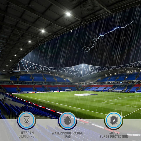 Three Power Modes Workhorse UFO LED High Bay Light Dimmable 0-10V IP65 lighting a stadium with rain and lightning.