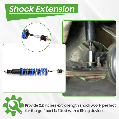 Heavy Duty Golf Cart Shock Absorber Extension Rod Pair Fit For Ezgo Club Car Lift Kits To Raise Body And Kill Bounce With Sweet Smooth Ride On Rough Paths Compatible With Standard Oem Replacement Part Numbers, showcasing blue coil design.
