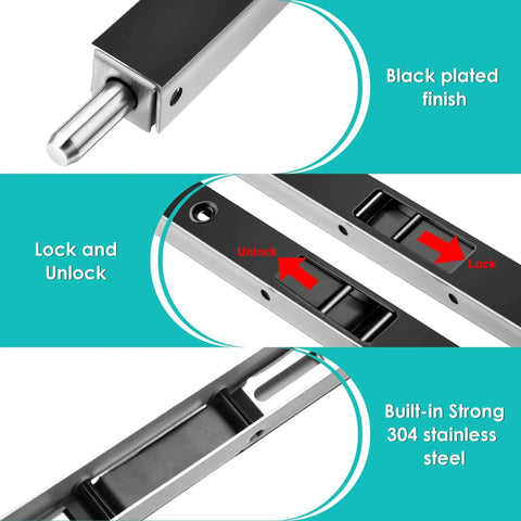 Close-up of Two Pack 7 Inch Flush Bolts for Double Doors with black plated finish and lock-unlock mechanism.