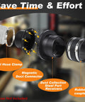 Exploded view of a 4-inch magnetic dust collector kit: steel hose clamp, magnetic duct connector, dust port receivers, rubber coupler
