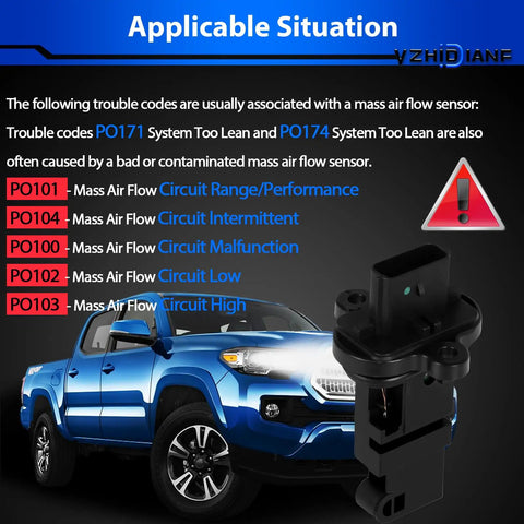 Mass Airflow Sensor For Chevy Cruze Sonic Trax Buick Encore Verano with truck and error codes in background