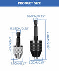Two Pack Keyless Drill Chuck Adapter Set With One Quarter Inch Hex Shank showing sizes 0.3-6.5mm and 0.3-3.6mm, labeled dimensions