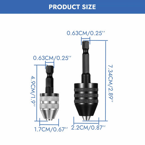 Two Pack Keyless Drill Chuck Adapter Set With One Quarter Inch Hex Shank showing sizes 0.3-6.5mm and 0.3-3.6mm, labeled dimensions