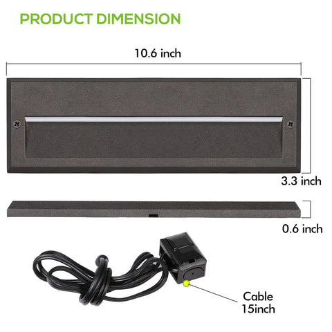 Low Voltage LED Landscape Deck Light Kit 10 Inch 6W 122LM 12V Wired for Outdoor Yard, showing product dimensions and cable.