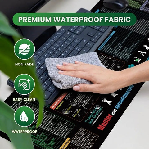 Person cleaning Cheat Sheet Desk Pad With 200 Plus Shortcuts And Formulas, Large 31.5 Inch By 11.8 Inch Waterproof Non Slip Mouse Pad