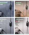 Portable 32 Amp Level 2 EV Charger With 25 Foot Cable And Nema 14-50 Plug UL Certified in weatherproof settings for various climates.