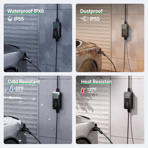 Portable 32 Amp Level 2 EV Charger With 25 Foot Cable And Nema 14-50 Plug UL Certified in weatherproof settings for various climates.