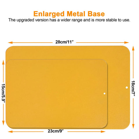 Two enlarged metal bases with dimensions for Magnetic Helping Hands Soldering Clamp With 3x Magnifying Lamp 360 Degree Rotating Magic Arm
