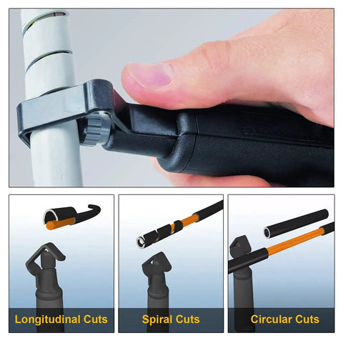Round Cable Stripper Tool with Adjustable Cutting Depth and 90 Degree Blade for precise jacket removal and varied cuts demonstration