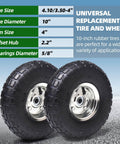 Two Pack 10 Inch Pneumatic Tire And Wheel Assembly 4.10/3.50-4 With 5/8 Inch Axle Bore And 2.2 Inch Offset Hub display with specs