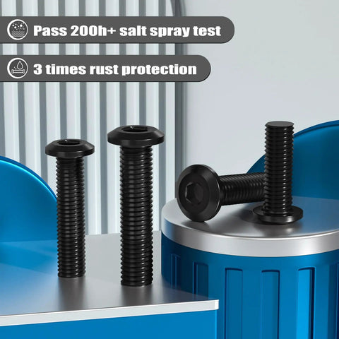 Rock Solid M6x15mm Hex Socket Cap Screws 70 Pack 304 Stainless Steel Bolts Black Zinc Plated heavy duty fasteners on a surface.