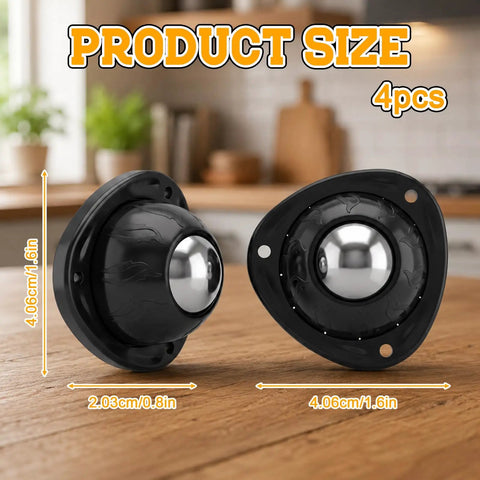 Heavy Duty Black Stainless Steel Caster Wheels Four Pack With Nifty Self Adhesive Backing And Hella Smooth 360 Swivel Balls showing size on wood surface.