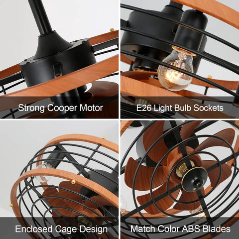 Close-up of 21-inch rustic caged ceiling fan with light, showing enclosed cage, copper motor, E26 sockets, ABS blades in flush mount.