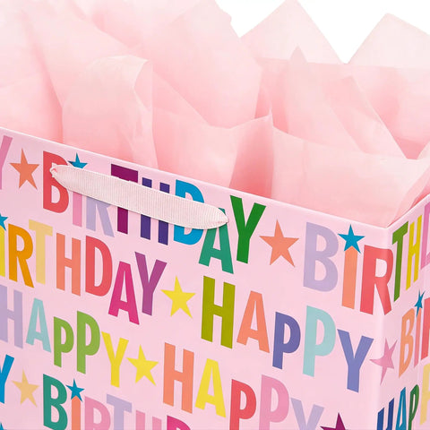 13 Inch Pink Happy Birthday Gift Bag With Colorful Lettering Design Card Tissue Paper And Sturdy Handles For Kids And Adults