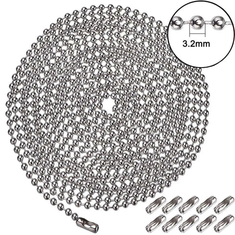 Stainless Steel Bead Pull Chain 10 Feet Heavy Duty Rustproof With 40 Lb Pulling Power 3.2mm Extension Chain Includes 10 Free Clasp Connectors
