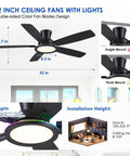 52 Inch Flush Mount Ceiling Fan In Matte Black With Rgb Lighting And Led 3Cct Dimmable Bulbs, with double-sided blades and LED light.