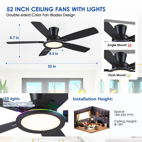 52 Inch Flush Mount Ceiling Fan In Matte Black With Rgb Lighting And Led 3Cct Dimmable Bulbs, with double-sided blades and LED light.
