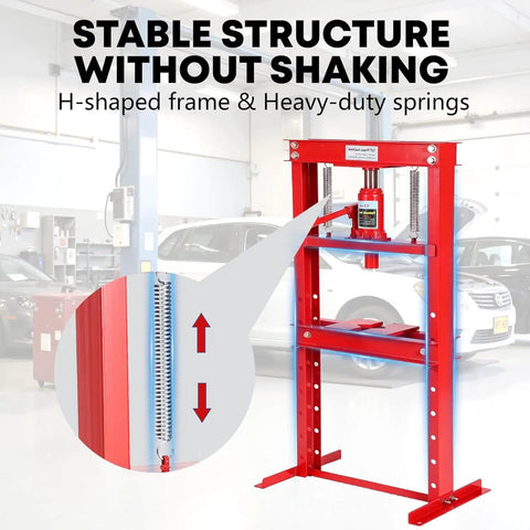 12 Ton Hydraulic Shop Press With Movable Press Plates H-Frame Floor Bearing Pro Grade Power in a garage setting