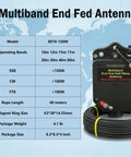 150W End Fed Half Wave Ham Radio Antenna with specs for 80M to 10M bands, shown with coiled wire and balun, ideal for portable POTA SOTA