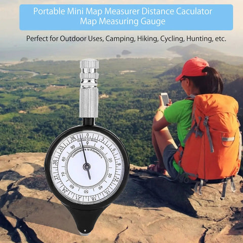 Rugged Map Measuring Wheel For Outdoor Adventurers Lightweight Distance Tracker Tool on a rocky ledge, ideal for camping and hiking.