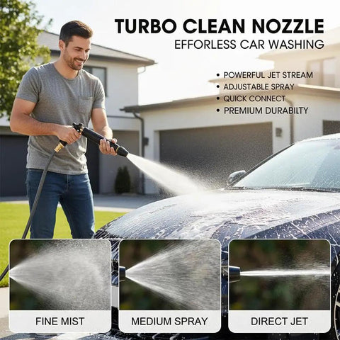 Man using Upgraded Beefed Up High Pressure Water Gun With Booster Nozzle For Home Cleaning And Car Wash Three Adjustable Spray Patterns on car