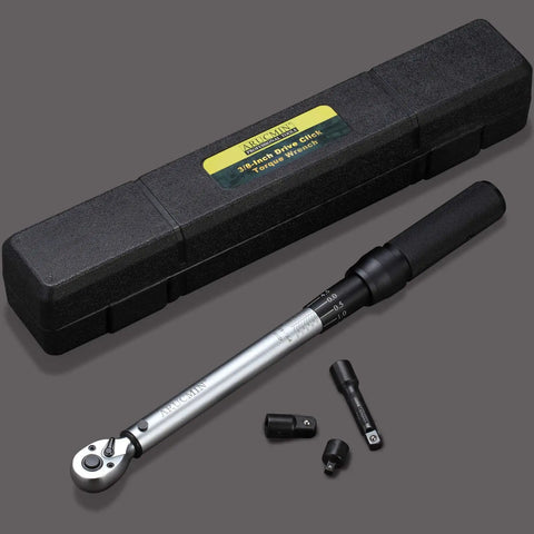Beefy 3/8-Inch Drive Click Torque Wrench With 10-100 Ft-Lb / 15-135 Nm Range, industrial grade in plastic case with accessories