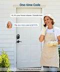Woman using phone at door with Keyless Entry Door Lock With Electronic Keypad Deadbolt, Auto Lock, Matte Black Finish