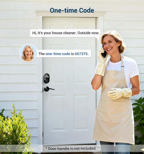 Woman using phone at door with Keyless Entry Door Lock With Electronic Keypad Deadbolt, Auto Lock, Matte Black Finish