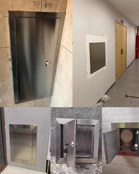 Rock Solid Stainless Steel Access Panel Door With Rugged Handles For Drywall Inspection And Hvac Plumbing Service Shaft Covers 39 Inch Square Hole, showing various installation angles and details.